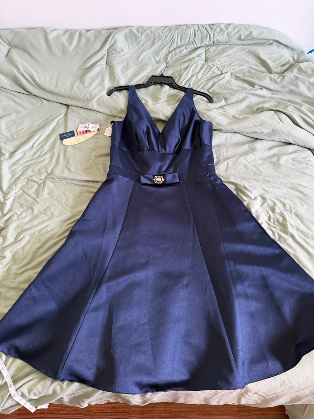 Alfred Angelo Navy Satin V-Neck A-Line Midi Dress
